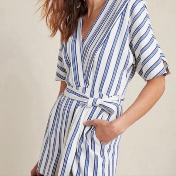 Anthropologie Greylin Blue Striped Josie Romper Shorts Size M Belted Soft - Picture 2 of 16